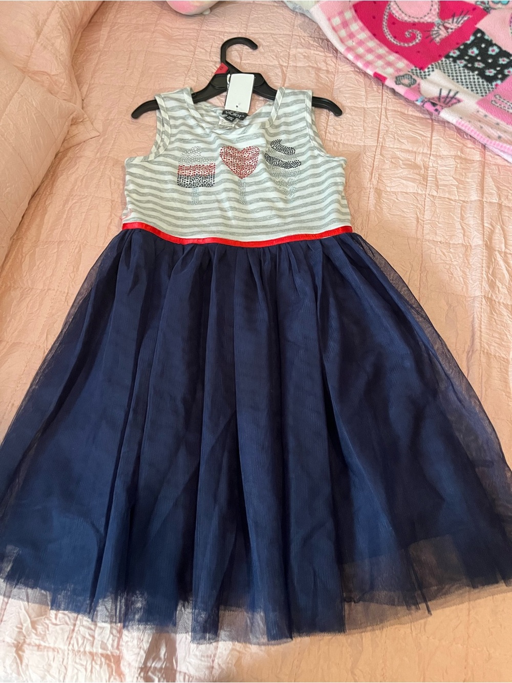 Girls Navy Tulle Dress with Striped Bodice and Heart Accents